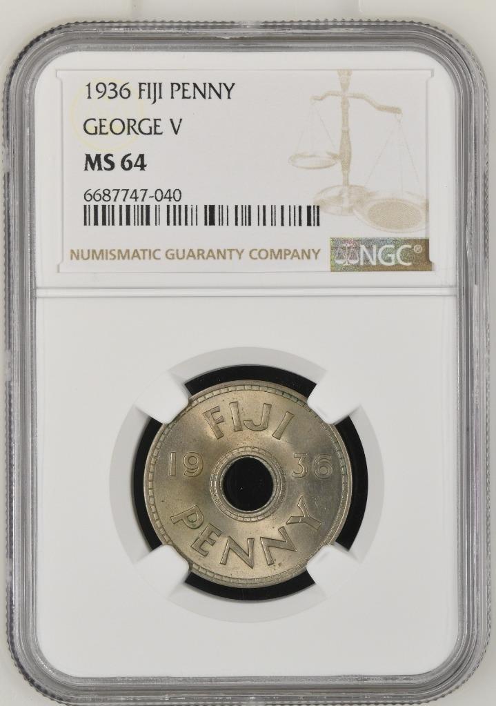 Fiji 1 Penny 1936 George V NGC MS 64