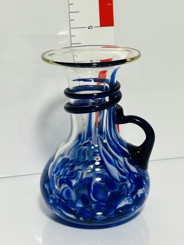 Brocca con manico a spirale cobalto applicato in vetro soffiato a mano vaso 4,5" - Foto 7 di 7
