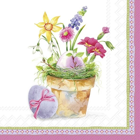 4 x Paper Napkins/33cm/3Ply/Decoupage/Easter/Flower Pot with Flowers and Eggs