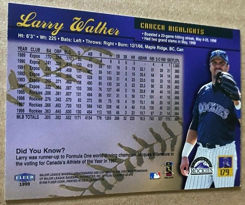 LARRY WALKER HOF 1999 Fleer ULTRA Card #179 NM-MT condizioni - Foto 2 di 2