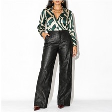00s Black Genuine Leather Pants Womens 10 High Rise Straight Leg Y2K Trousers