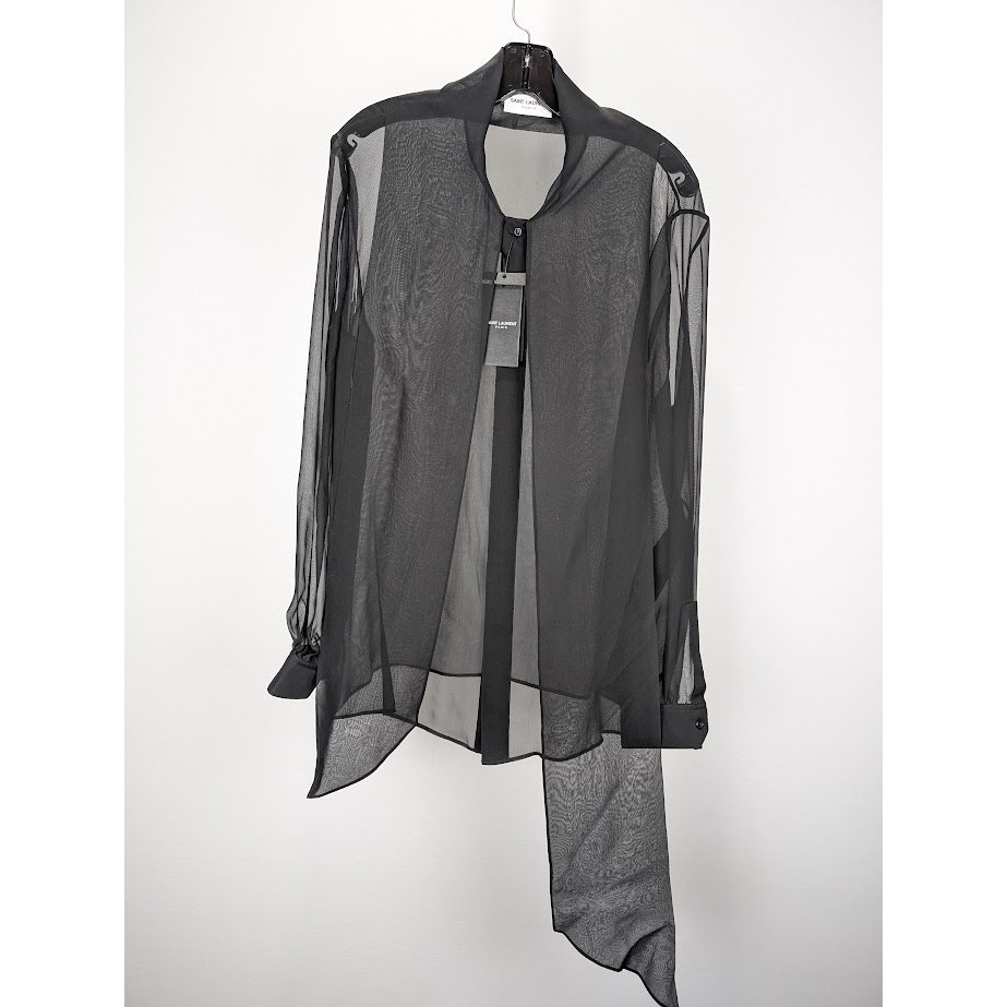 Camicia Saint Laurent Paris in seta lavalliere nera nuova con etichetta 41