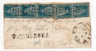 1852 ITALY TUSCANY FRONT COVER SA#5 4cr LION STRIP PAIR $26000.00 CERTIFICATE