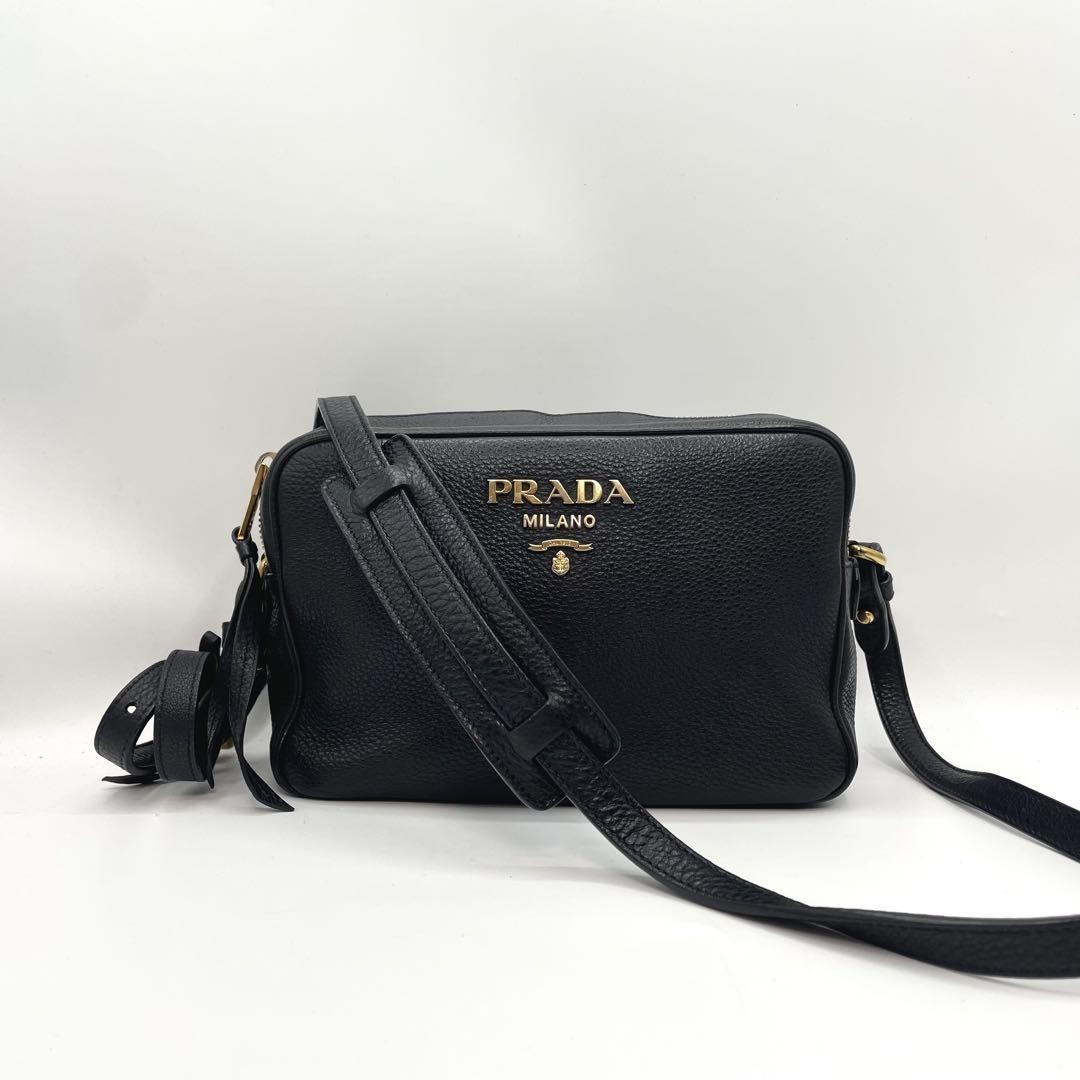 Prada Shoulder Bag Grained Genuine Leather Black Big Logo