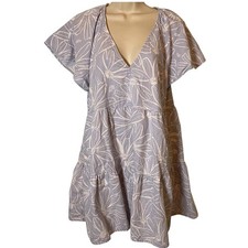 Universal Thread Womens Dress Size L Blue Floral Linen Blend Tiered Short Sleeve