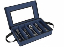 5 Compartment Blue Silverware Storage Case Flatware Container Box Removable Lid