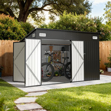 10x8 FT Black Metal Storage Shed Lean-To Roof 3-Door Outdoor Tool Shed