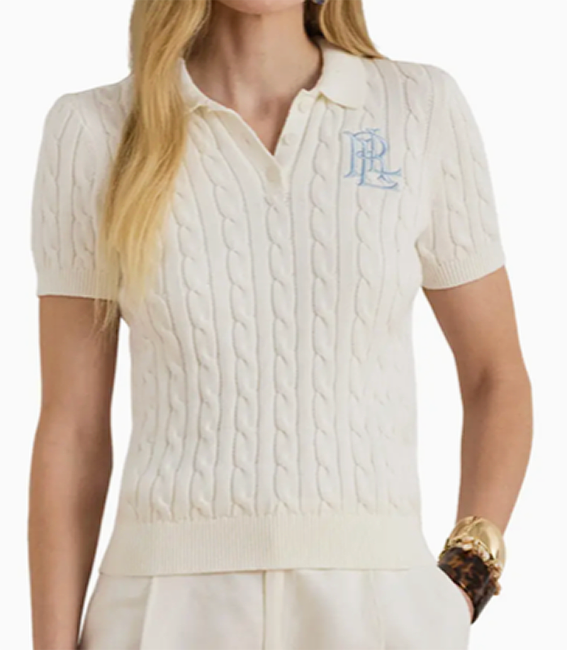 NWT Lauren Ralph Lauren Women's Cable-Knit Cotton Polo Shirt, White, M, $135