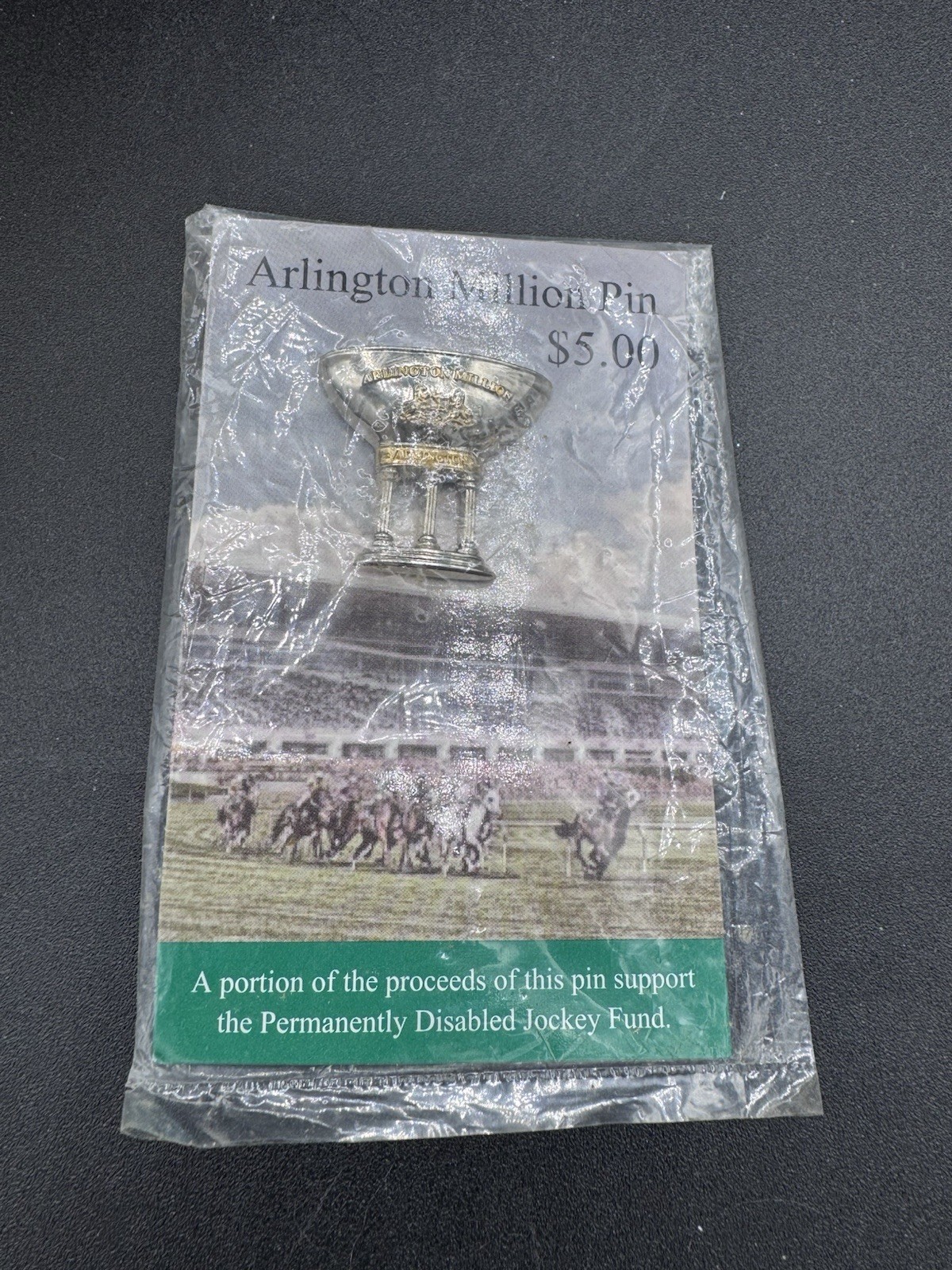 Vintage Arlington Million Trophy Lapel Pin Horse Racing Jockey Fund Souvenir New