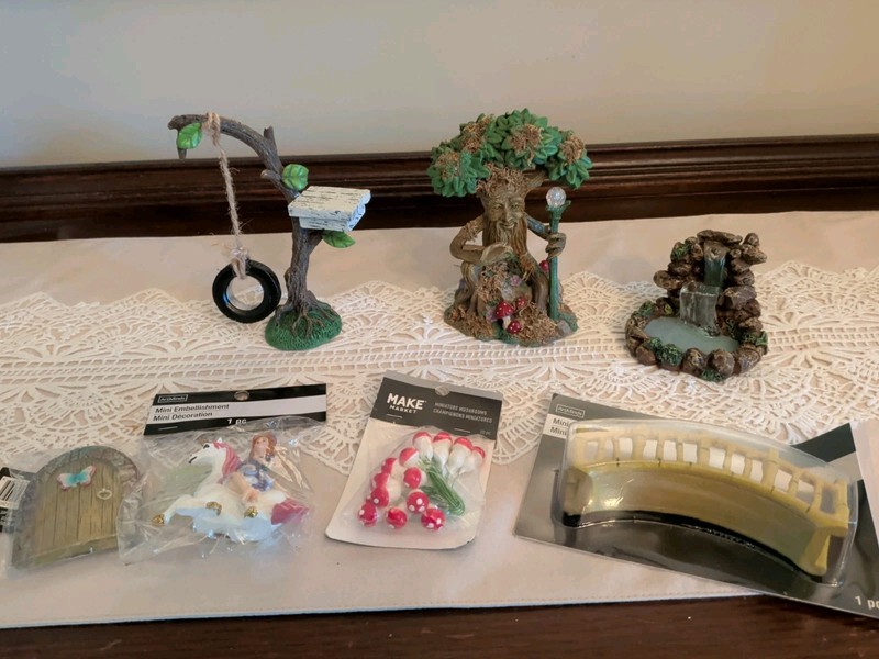 Lot of 7 Whimsical Garden Fairy Pixie Garden Terrarium Figurines Tree, Swing 