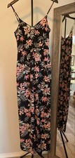 H M Divided Floral Maxi Slip Dress Side Slits Black Pink Size 4 EUC