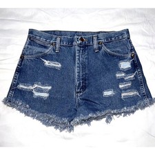 Wrangler Cut Off Jean Shorts Size 31x3 High Rise Blue Denim Raw Hem Western VTG