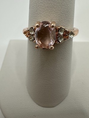 Rose Gold Tone Ring With Pink Glass Crystal Stone Size 8