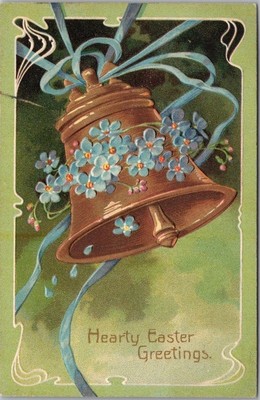 1908 EASTER Embossed Postcard Gold Bell / Forget-Me-Not Flowers / PFB #7542