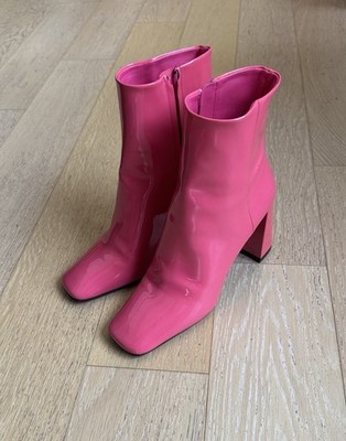 Prada Pink Patent Leather Ankle Bootie Square Toe Zip Women's Boots EU 37