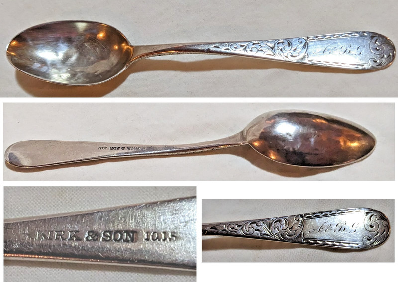 Antique S Kirk & Son 10.15 Silver Coin Teaspoon Mayflower Pattern 5.7"/mono A&BG
