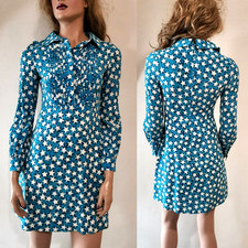 Valentino Dress Collared Stars Print Sheath A-Line Pleated Cocktail Blue IT38