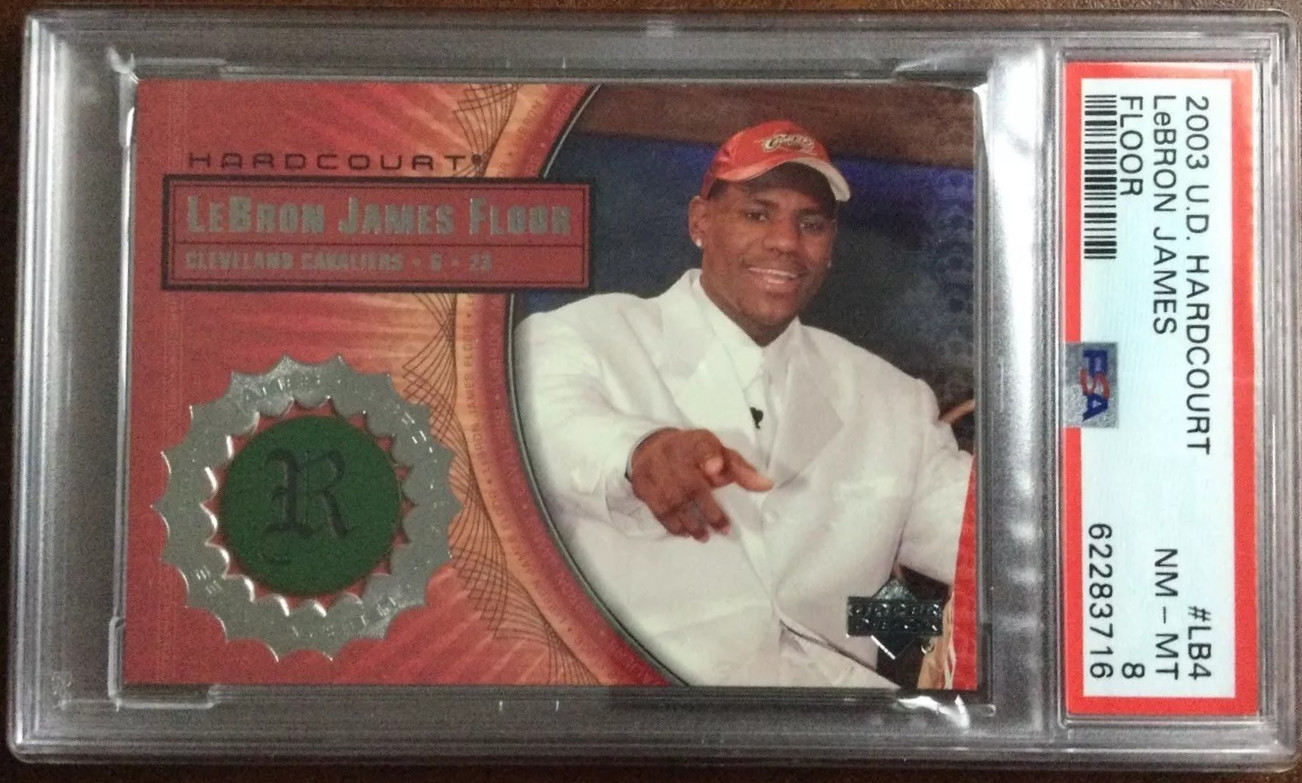 LeBRON JAMES 2003 Upper Deck HARDCOURT #LB4 FLOOR RELIC PSA 8 ROOKIE NBA CARD