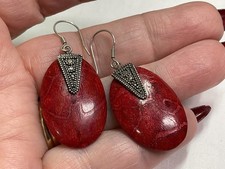 Schmuck Wunderschöne 925 Sterling Silber & rote Koralle Haken Ohrringe