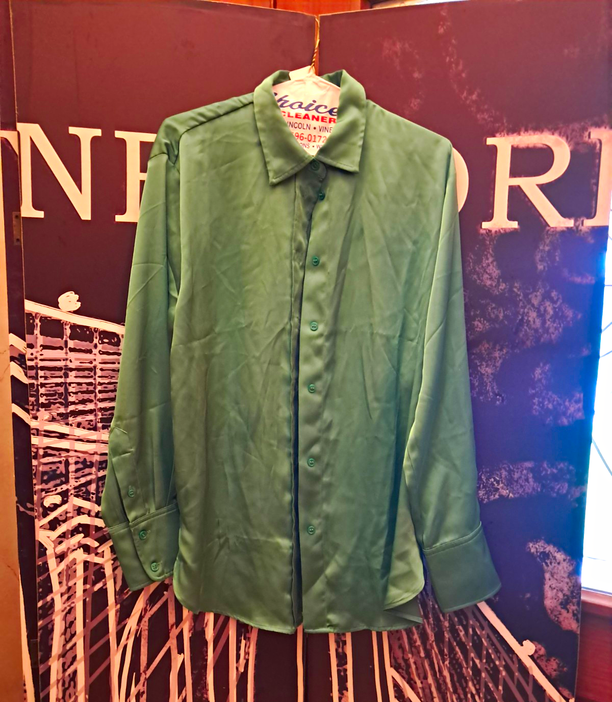 H&M Men's Green Solid Dress Shirt Point Collar S 32/33 Satin Polyester