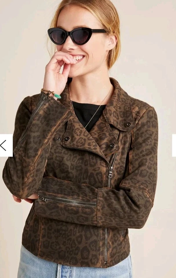 Anthropologie Marrakech Marni Leopard Moto Jacket Sz M Faux Suede Leather Brown - Image 2 of 4