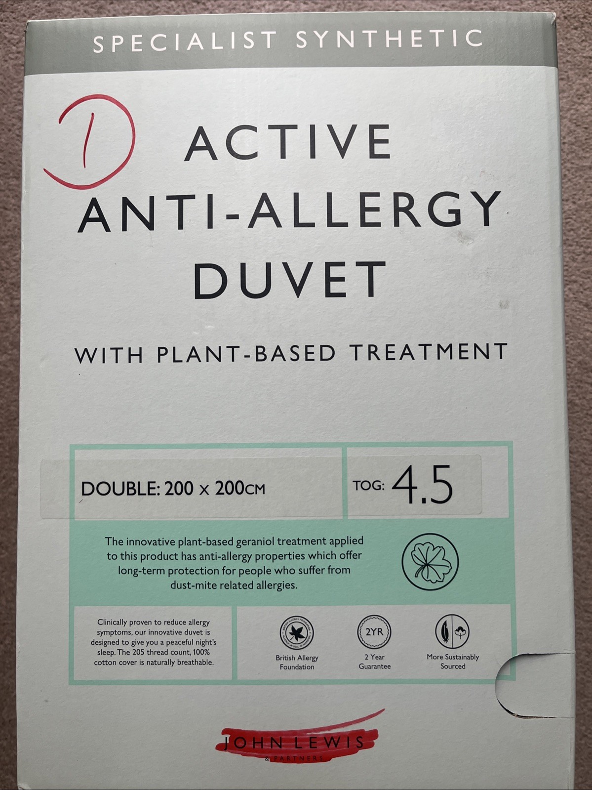 John Lewis Active Anti-Allergy Duvet. Double 200 x 200cm. 4.5 Tog. New. Free P&P