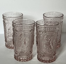 Pink Hobnail Glasses (4) Embossed Rabbit Design Heavy  6 X 3.5 Inches 12 Ounce