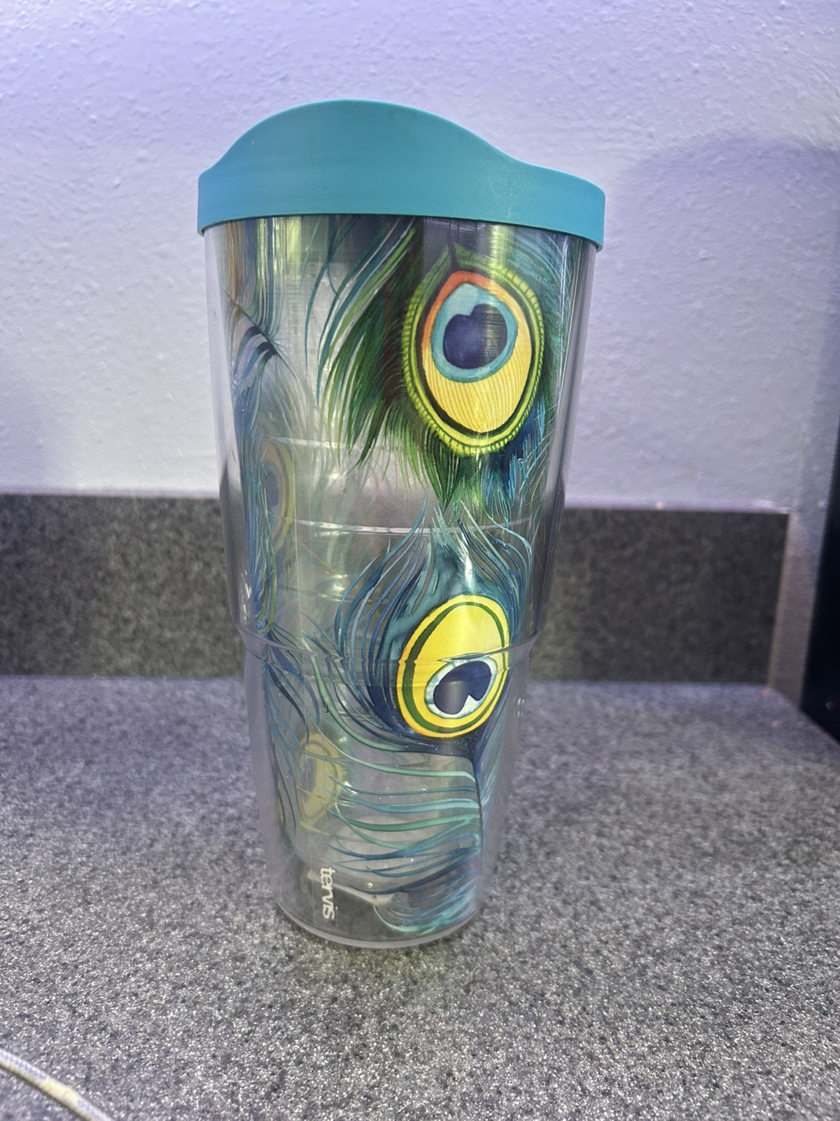 Tervis 24 oz Tumbler Blue Lid Peacock Feather Design Plastic