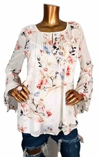 Joan Vass NY L Top Floral Lined Long Bell Sleeves Tunic Shirt Pleated Keyhole
