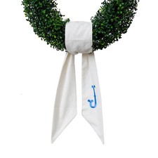 Monogram Wreath Sash for Front Door, White Embroidered Linen Wreath Sash, Porch
