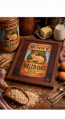 Vintage Oats Can Bunny Painting 11x14 Framed Retro Kitchen Wall Art