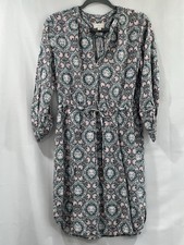 LOFT Tie Waist Shirt Dress Medium Blue and Pink Geometric Print Travel Packable