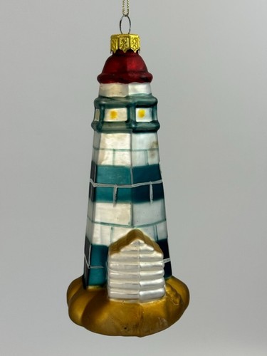 Blown Glass Painted Blue & Red Lighthouse Christmas Ornament - Picture 2 of 5