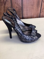 Nina Black Silver Peep Toe Slingback Heels Shoes Women's 7 1/2 M SW29 