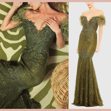 NEW MAC DUGGAL [ 12 ] 20246 Off The Shoulder Embellished Lace Feather Gown J885