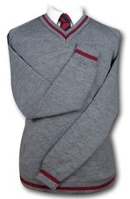 Grey School Uniform Jumper - Single Maroon Trim Band At The Neck, Cuffs & Welt