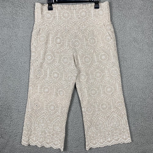 Sundance Crop-Hose Damen L taupe bestickt Leinenmischung weites Bein Gummibund