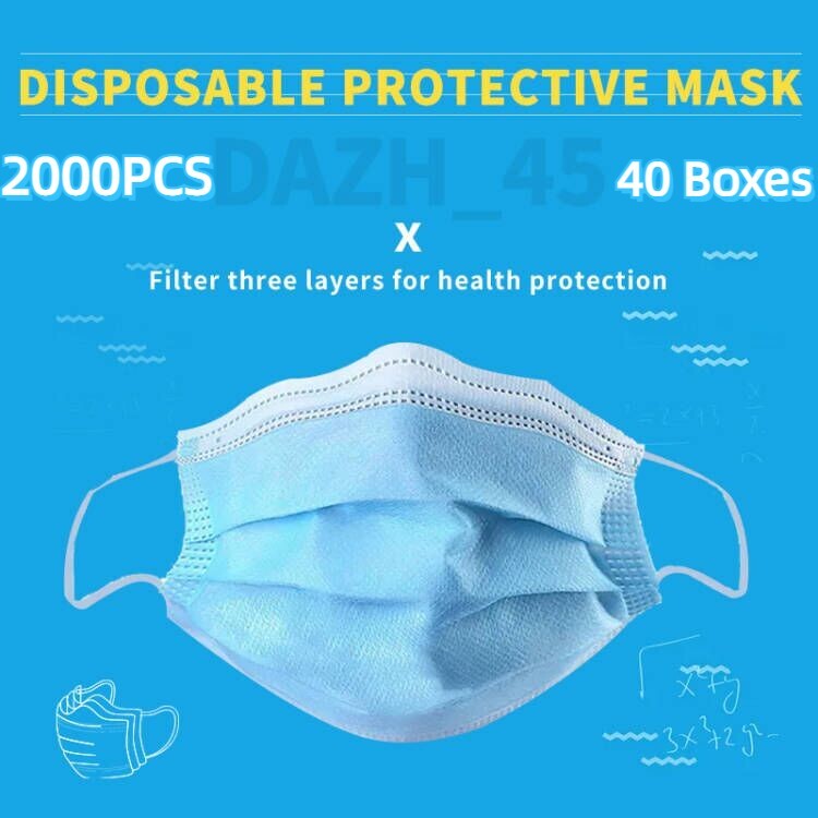 2000 Pcs (40 Boxes) Disposable Face Mask 3 Layer Protection Non Medical Use