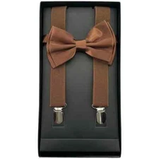 Brown Adult Suspenders & Matching Bow Tie BOXED Set Wedding Prom Adjustable