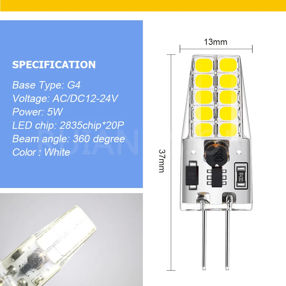 6000K/ 3000K G4 2835 LED Home Garden Camper Bi-Pin Bulb Lamp Globe AC/DC 12V-24V - Изображение 4 из 4