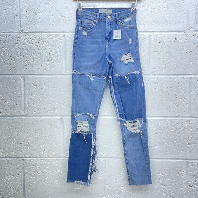 TOPSHOP BLAUE PATCHWORK SKINNY JEANS RIPPED DISTRESSED HIGH WAIST JAMIE W26 L34