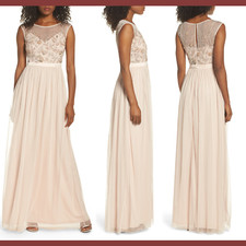 NEW 249 Adrianna Papell Beaded Mesh Gown in Shell PETITE SZ 8P E666