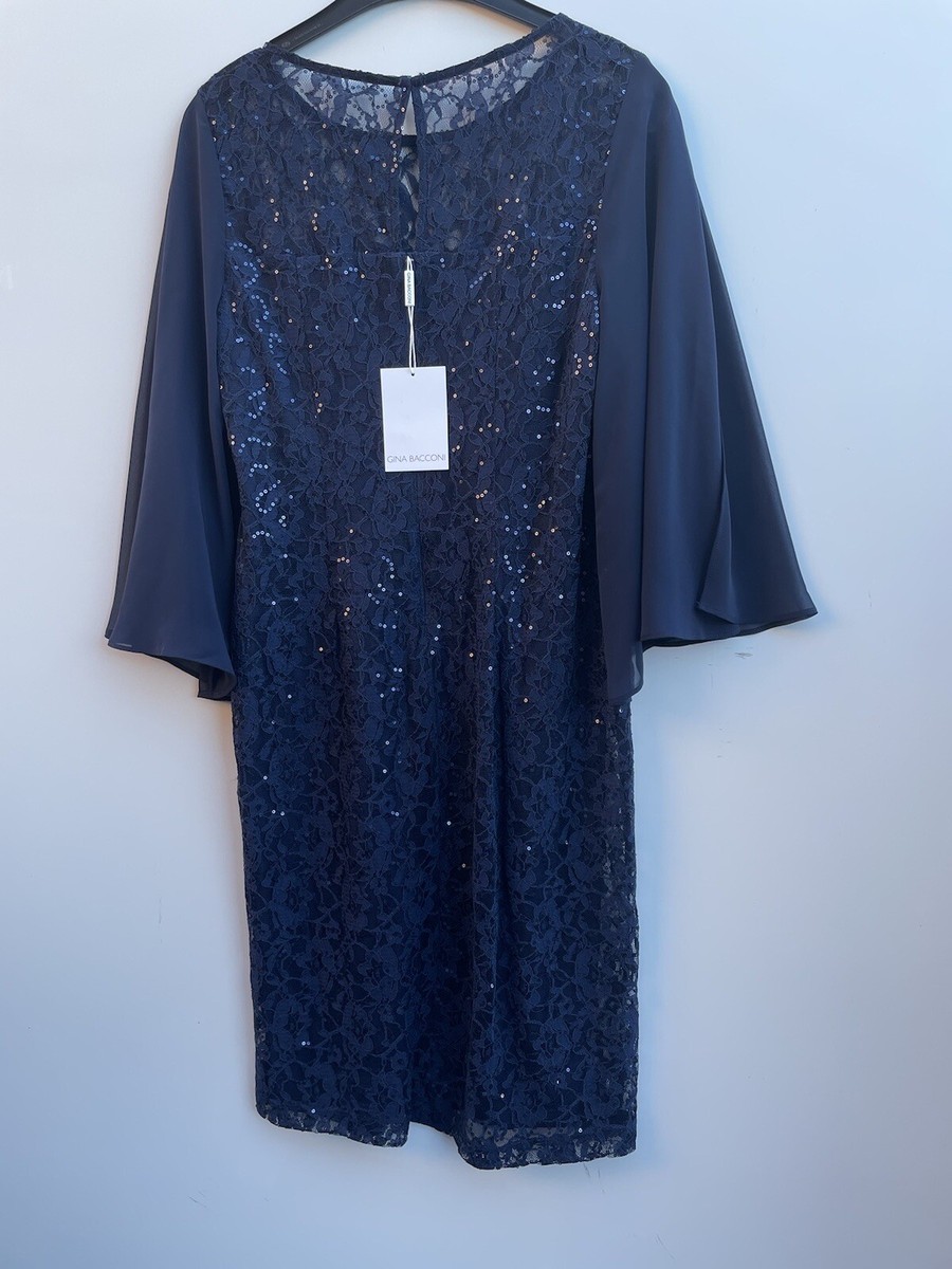 Gina Bacconi Navy Lace Sequin Dress With Chiffon Slit Sleeves UK