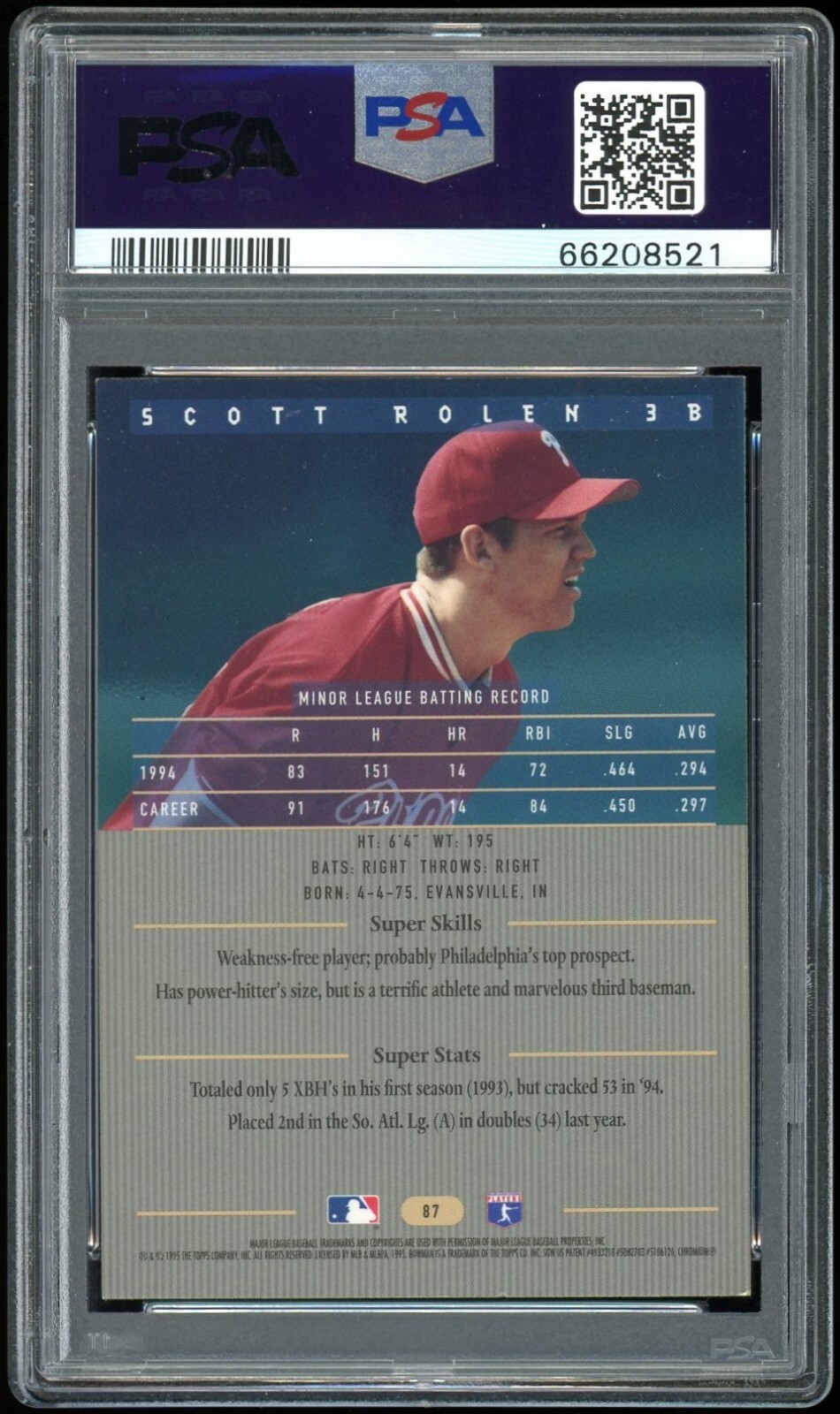 Scott Rolen Rookie 1995 BOWMAN'S BEST BLUE #87 SCOTT ROLEN RC ROOKIE PSA 8 NM-MT HOF ...