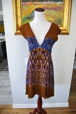Free People Small Dress Brown Blue Abstract Boho Oversized Sleeveless V-Neck