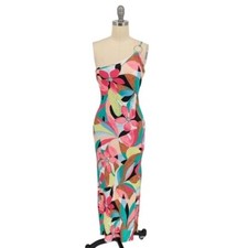 01421 Forever 21 Floral One Shoulder Bodycon Midi Dress Green Pink Size Medium