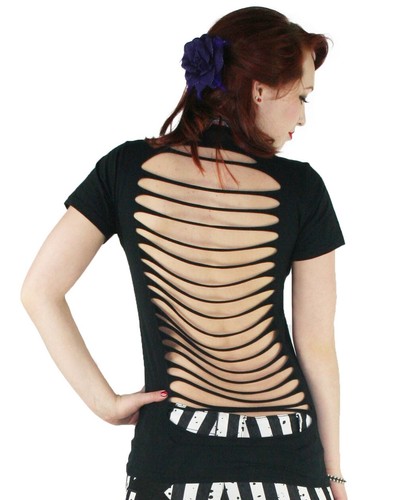 NEW TOO FAST Black Key Heart Ribcage S/S Slashed Back T-Shirt M JR Made in USA - Picture 3 of 3