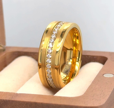 Yellow Gold Tungsten Ring For Valentine Gifts CZ Eternity Brushed Polished Ring