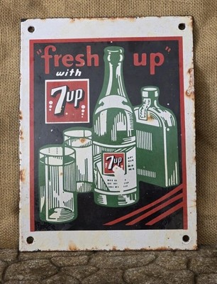 VINTAGE 7UP SODA PORCELAIN SIGN, 'FRESH UP WITH 7 UP'  12''x8.5''.