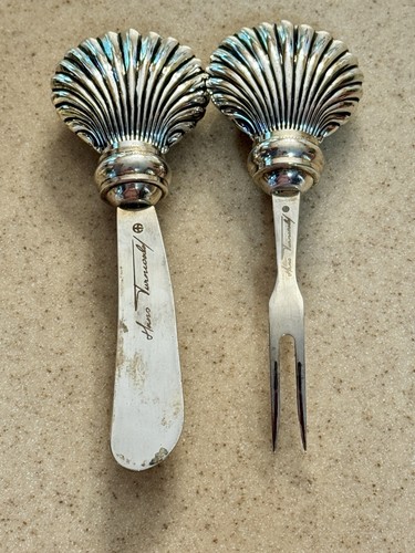 Vintage Hans Turnwald Sea Shell Cheese Spreader Cocktail Fork Set Silver Plated - Picture 3 of 7